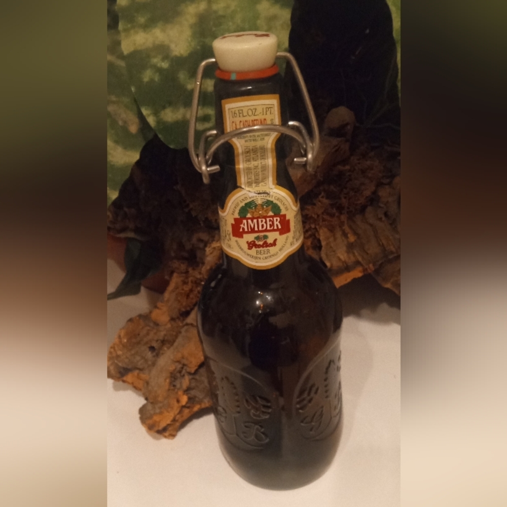 Vtg Grolsch Beer Bottle Amber Brown Glass Porcelain Flip Swing Top embossed